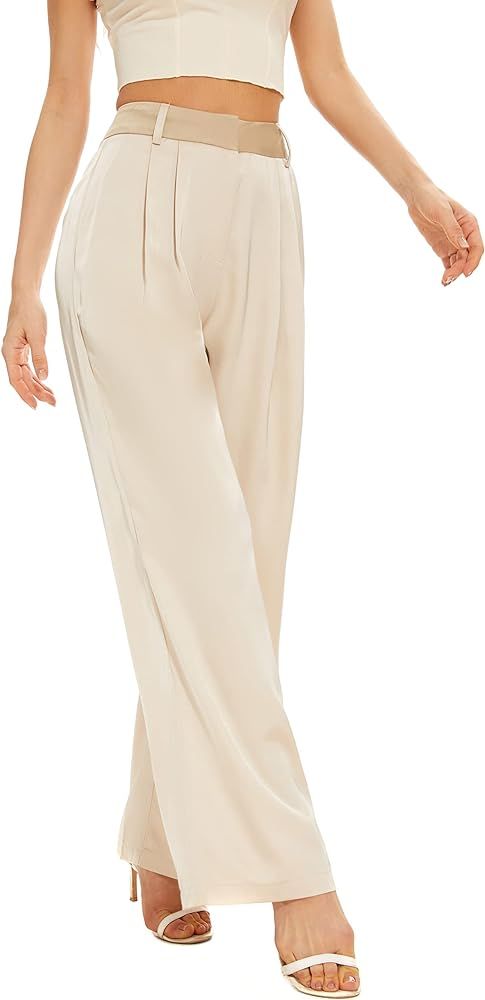 Women Satin Silk Pants High Waist Wide Leg Work Casual Trousers Loose Fit with Pockets | Amazon (US)