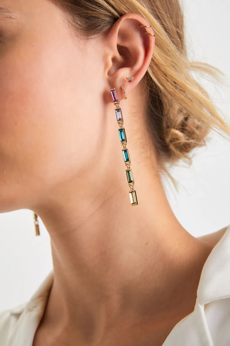 Favorite Hues Gold Multi Rhinestone Drop Earrings | Lulus (US)