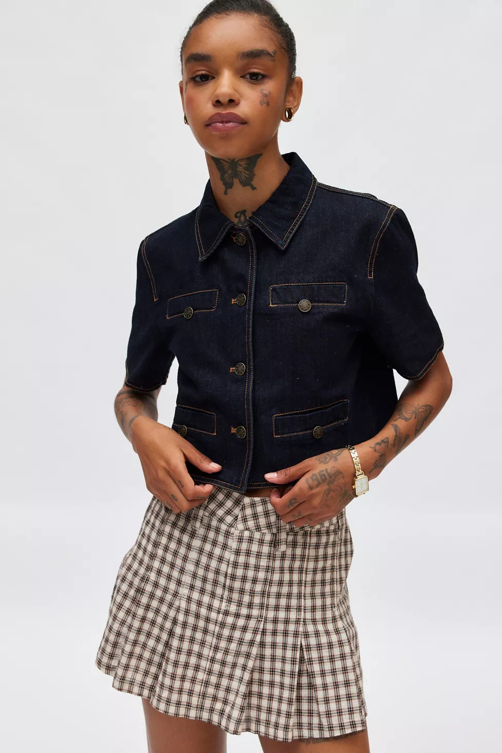 Lioness Halston Short Sleeve Cropped Denim Top | Urban Outfitters (US and RoW)