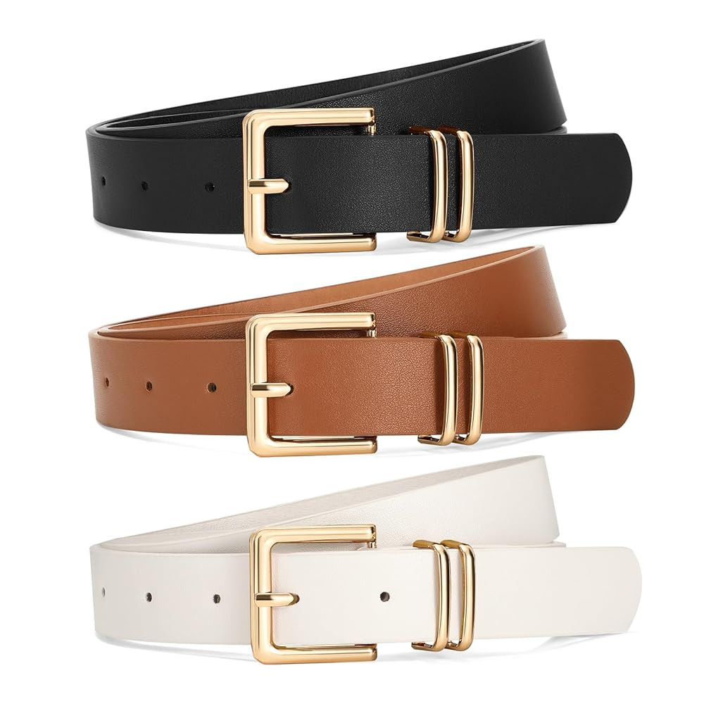 SANSTHS 3 PACK Women Leather Belts for Jeans Pants Dresses Fashion Ladies Waist Belt with Gold Sq... | Amazon (US)