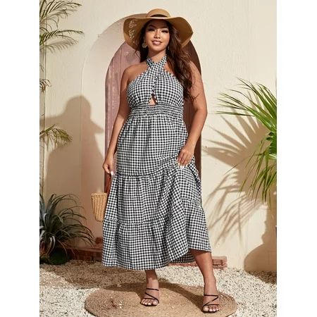 2022 Summer Boho Black and White Women s Plus Size Wrap Front Gingham Dress L220403D 0XL(12) | Walmart (US)