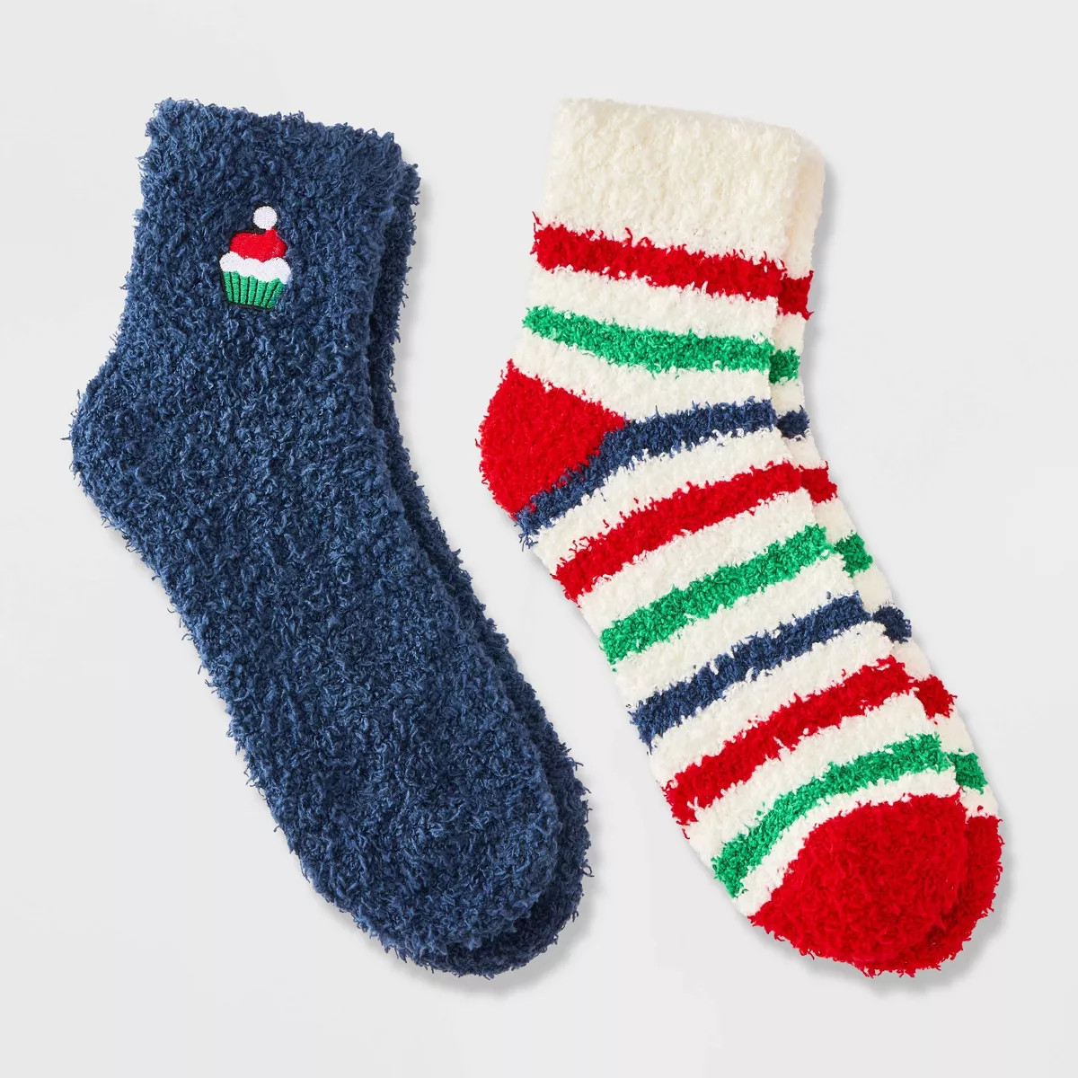 Women's Embroidered Santa Hat Cupcake Christmas 2pk Cozy Ankle Socks - Navy/Ivory/Green 4-10 | Target