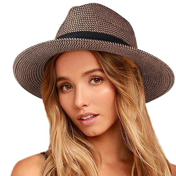 Womens Mens Wide Brim Straw Panama Hat Fedora Summer Beach Sun Hat UPF | Amazon (US)