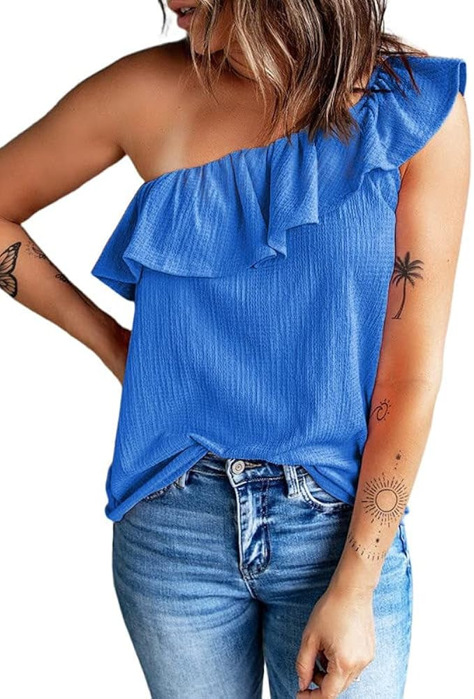 Dokotoo Womens One Shoulder Tops Ruffled Solid Tunic Shirts Sleeveless Loose Tank Top | Amazon (US)