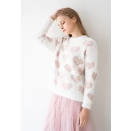 Fuzzy Pink Heart Pearl Trim Knit Sweater | Chicwish