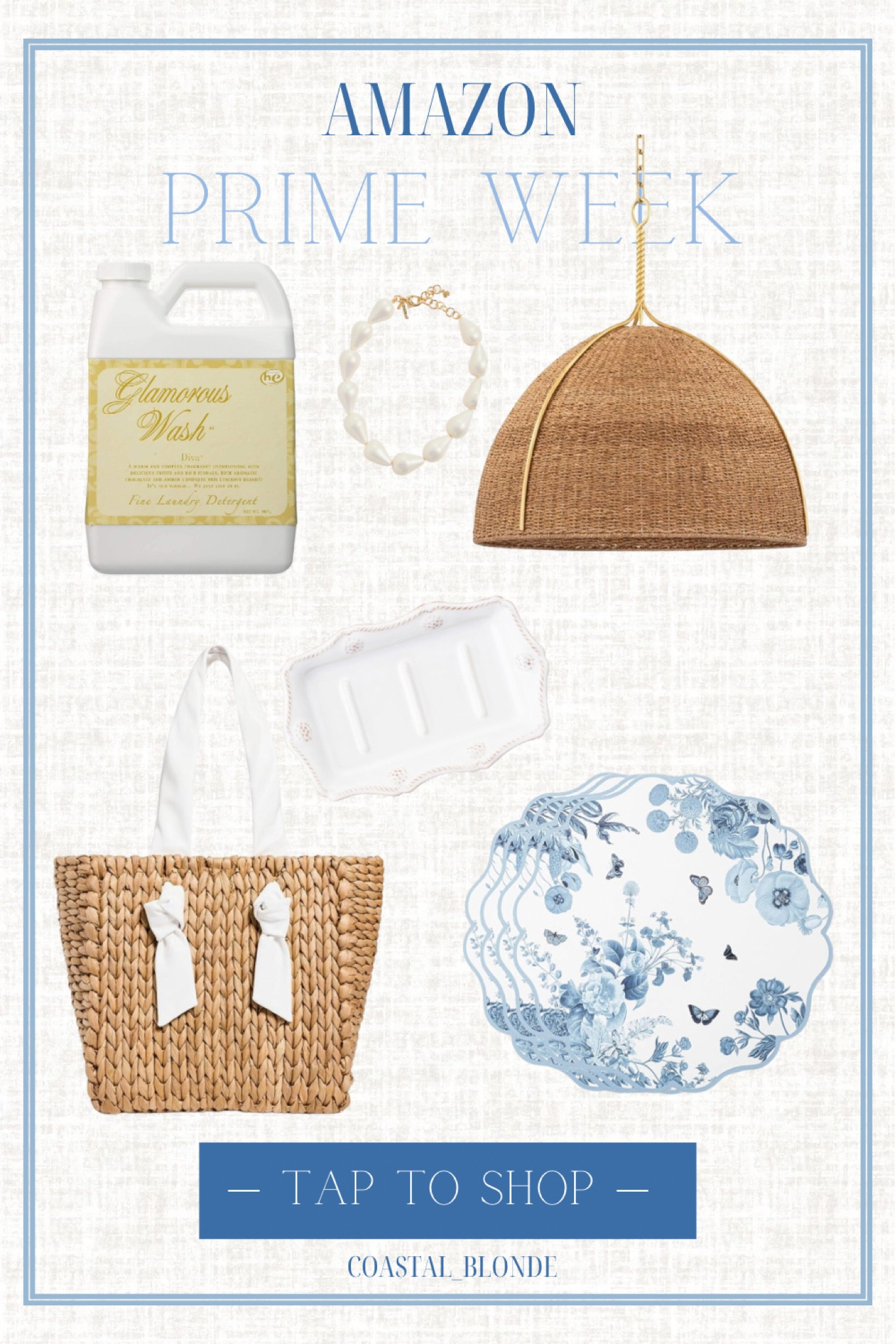 Amazon prime day deals 
Rattan light
Rattan wicker purse 
Blue and white placemats 
Laundry detergent 
Pearl bracelet 

#LTKHome #LTKFindsUnder100 #LTKSaleAlert