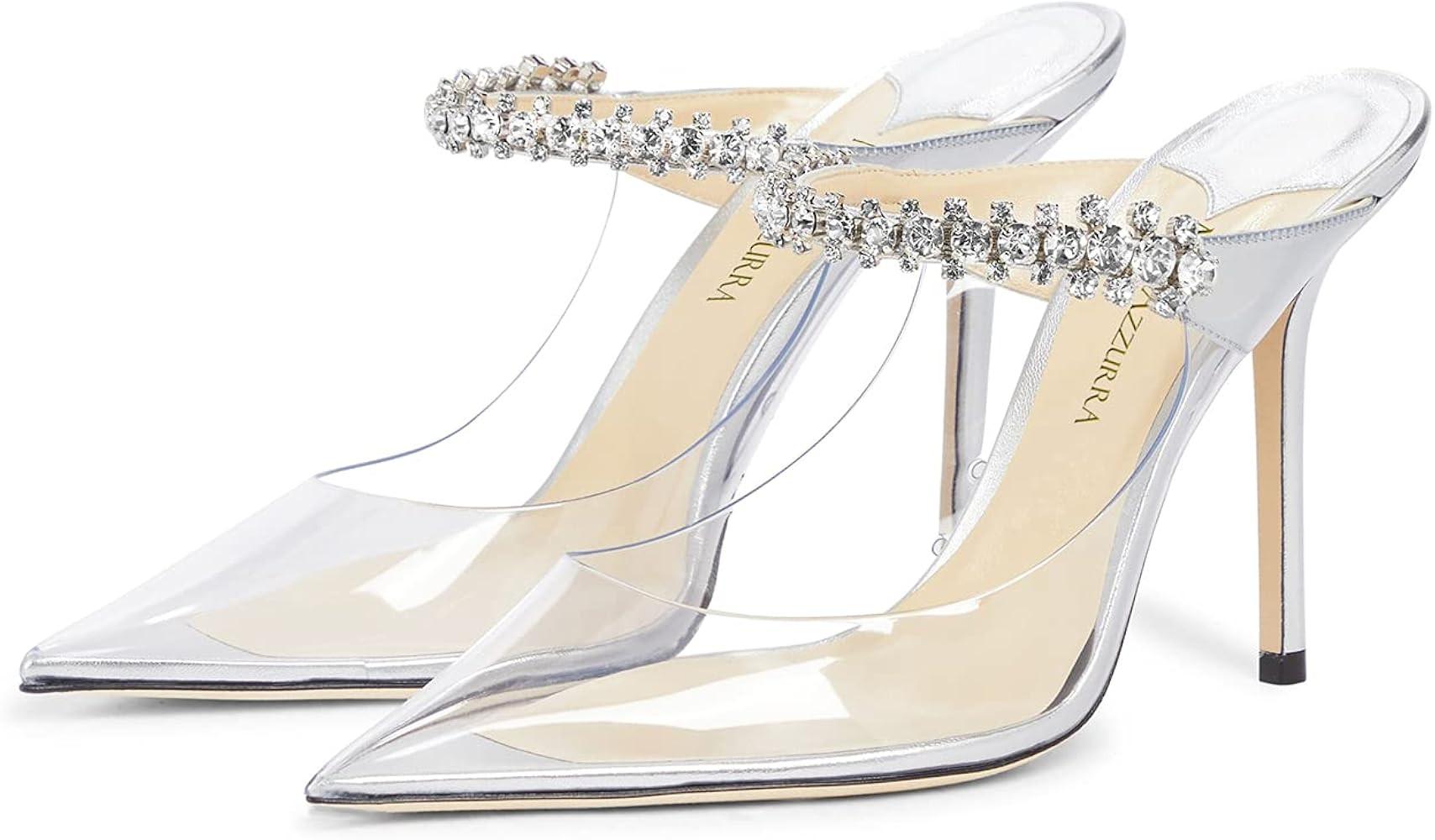 MIRAAZZURRA Women Heeled Mules Rhinestone Strappy Pointed Toe Mules Satin Stiletto High Heels Slip O | Amazon (US)