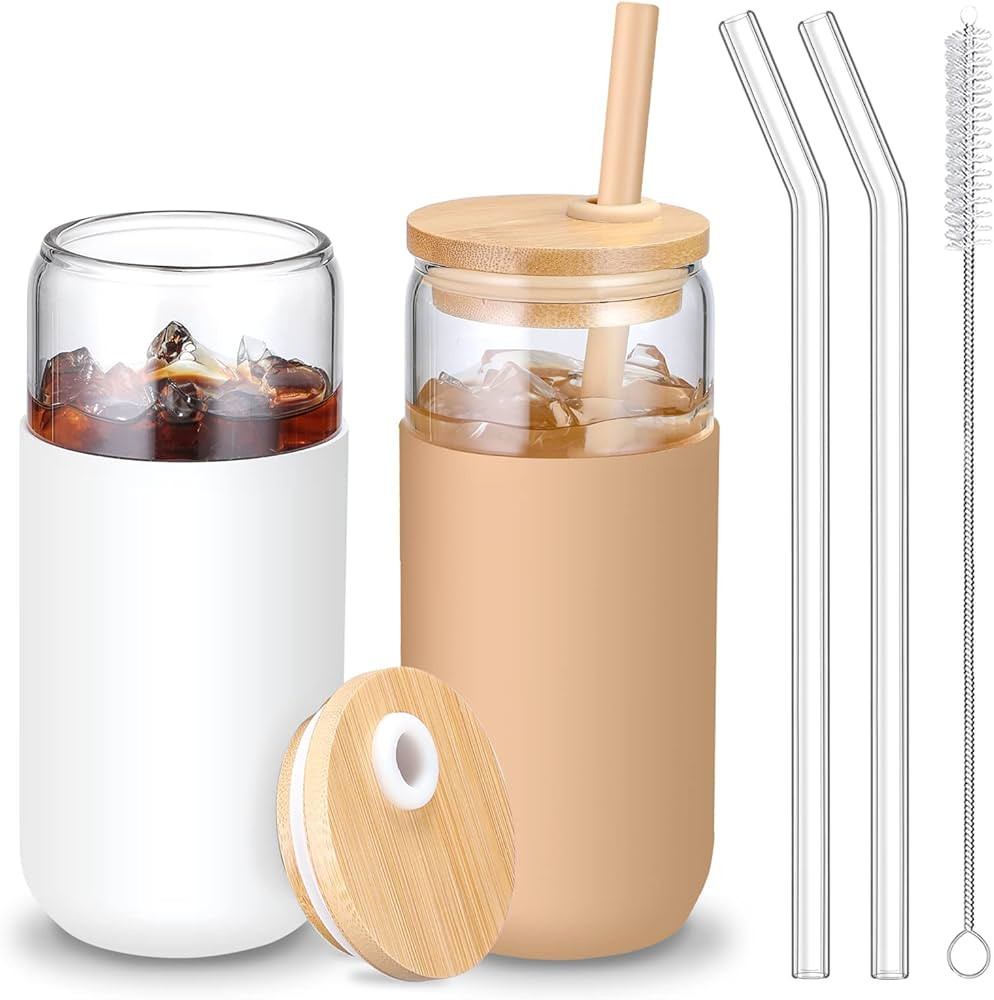 20 OZ Glass Cups with Bamboo Lids and Straws - Beer Can Shaped Drinking Glasses with Silicone Pro... | Amazon (US)