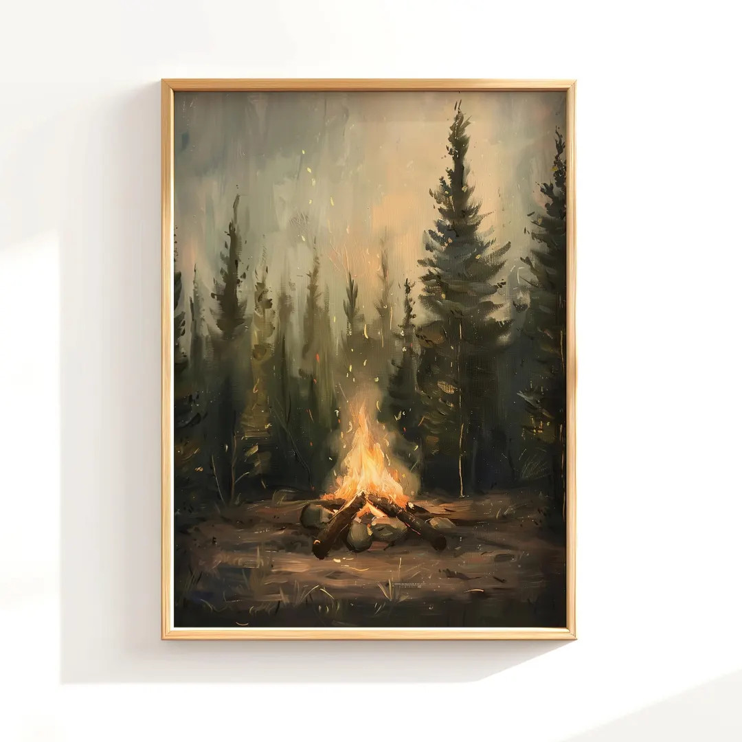Rustic Campfire Oil Painting, Moody Pine Tree Poster Print, Camping Theme Wall Art, Cabin Wall De... | Etsy (US)