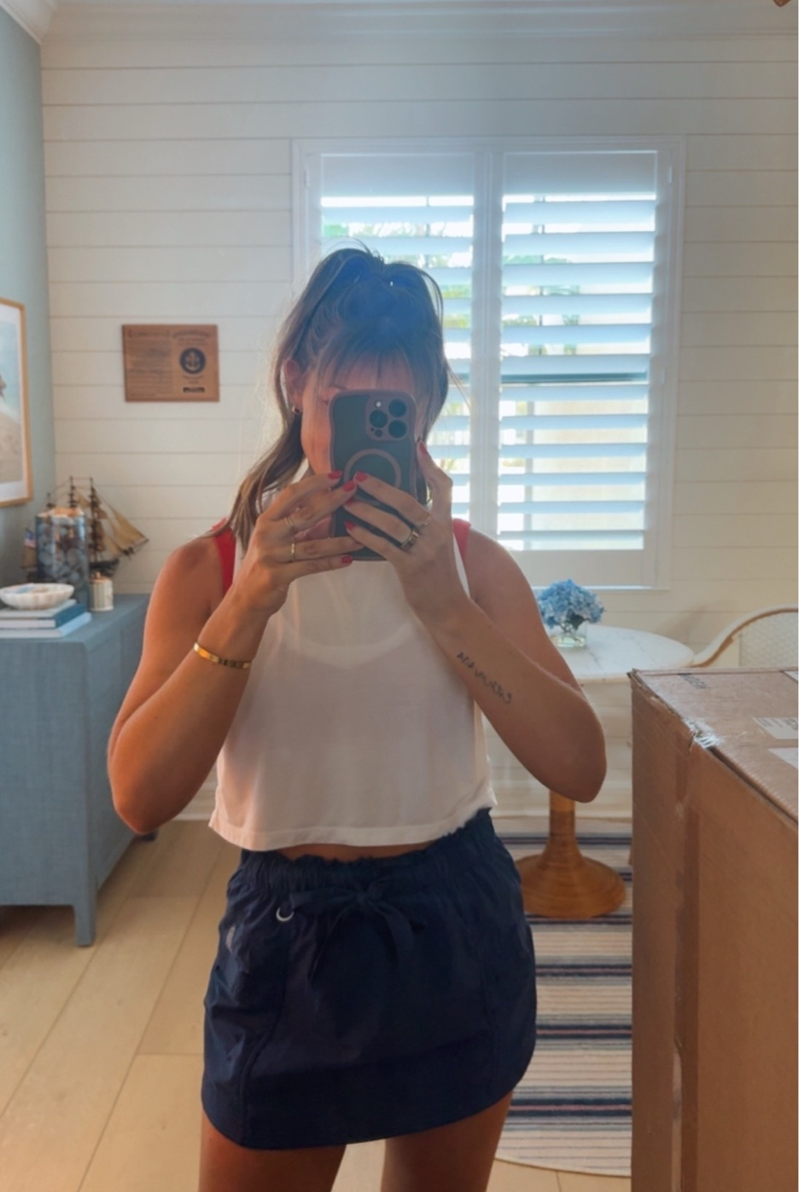 Wearing today!
Small tank. One of my Amazon FAVES
Small bra. 
XS skort