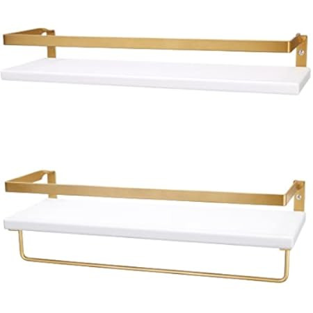 White Floating Shelves Set of 2, Bathroom Shelves Wall Mounted with Towel Bar, Gold Shelves for Bath | Amazon (US)