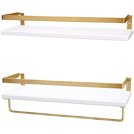 White Floating Shelves Set of 2, Bathroom Shelves Wall Mounted with Towel Bar, Gold Shelves for Bath | Amazon (US)