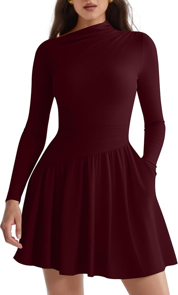 GOKATOSAU Women's Long Sleeve Asymmetric Neck Fit and Flare A-line Mini Dress with Pockets | Amazon (US)