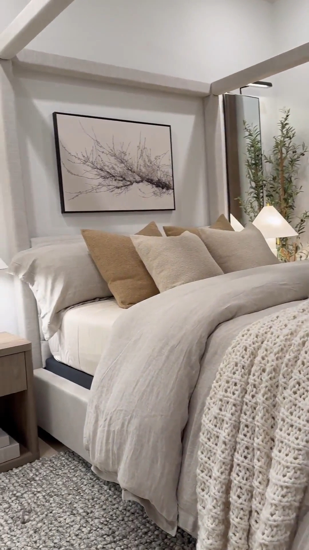 Finally found the perfect neutral art piece for this room. It measures. 36x24" …. Brown Pillows are 24x24" with 26x26" down inserts. Wheat color pillows are 20x20" with 22x22" down inserts 


Measurements: 

Bed: Queen 

Duvet: King size - I inserted 2 King sized down inserts to give the bed a fuller look. Sheets & pillows are Queen sized 

Mirrors - 58" H x 18" W……mirrors will make your space feel larger as well as reflect light to other parts of the room! 

Drapes: Color Cafe Brown … Size 40"W x 108" W 

I used two duvet inserts to create that fluffy look.. 

Bed size is a Queen and the duvet+inserts are King size. I like sizing up on bedding bc it gives more fabric to work with especially if you want your bed to look full around! 😊

I used the “small table lamp” (linked) to create the glow effect behind the planter. I recommend  warm white light bulbs. 😊#LTKStyleTip 

#LTKSaleAlert #LTKHome