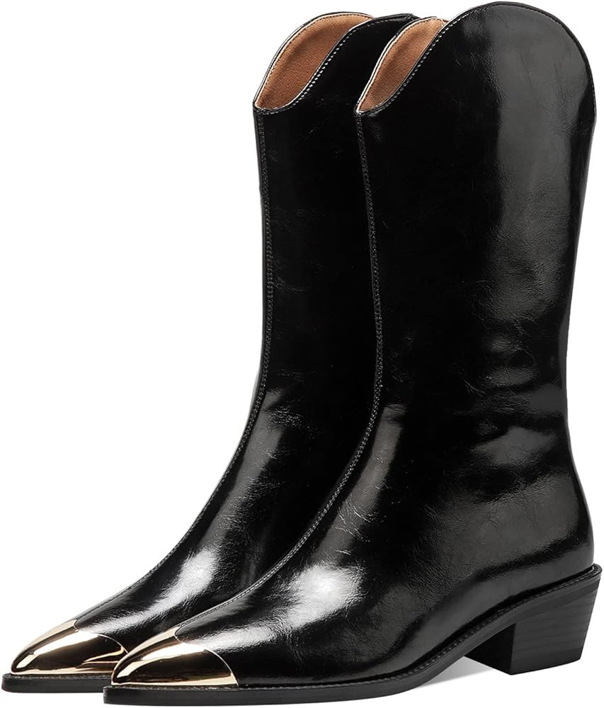 FOWT Fall Fashion Metal Cap Toe Black Cowboy Boots for Women Western Pointed Toe Leather Zip up Wide Calf Ankle Boots Comfort Block Stacked Chunky Heel Sewing Booties, US Size 4-8.5 M | Amazon (US)