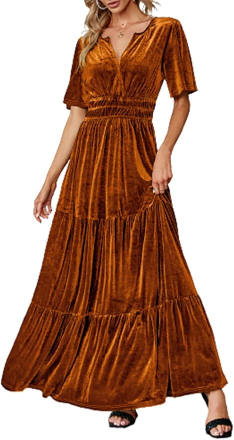 Amegoya Women's Velvet Short Sleeve V Neck Formal Wedding Guest Maxi Dresses Fall Evening Party L... | Amazon (US)