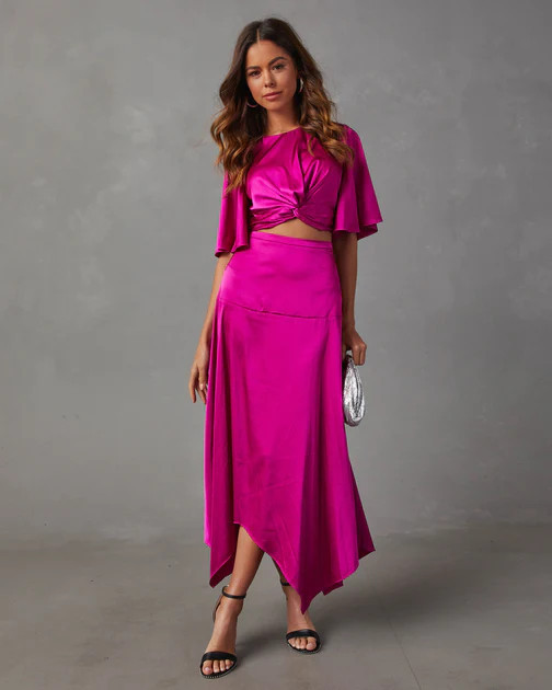 Belmore Satin Scarf Hem Midi Skirt - Fuchsia | VICI