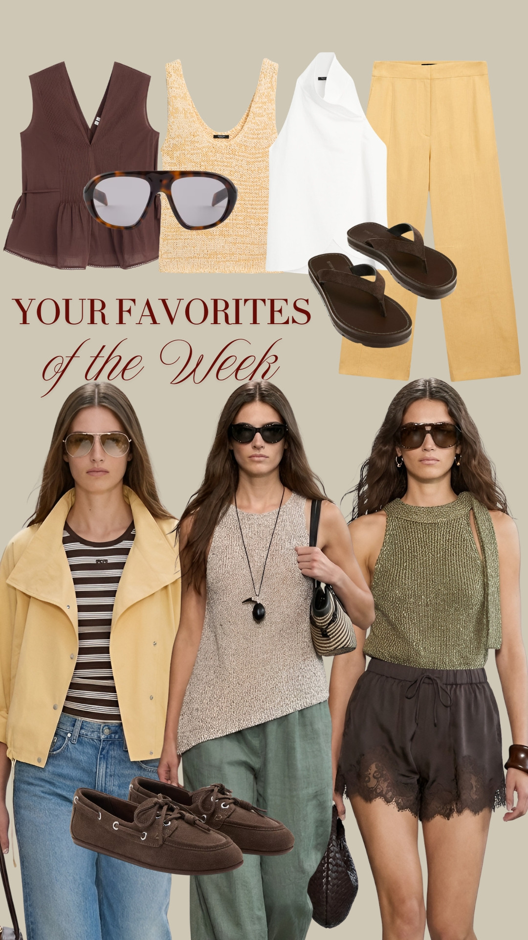 BESTSELLERS OF THE WEEK ✨ Your most loved spring and summer pieces of the week ✨ TAGS: brown peplum top, yellow knit tank, white halter top, yellow linen trousers, brown leather loafers , brown aviator sunglasses, brown sandals, brown shorts, lace and satin shorts, butter yellow jacket, sage linen trousers Massimo Dutti, neutral knit top,  khaki knit top halter neck 

 #LTKspring #LTKsummer #LTKshoes