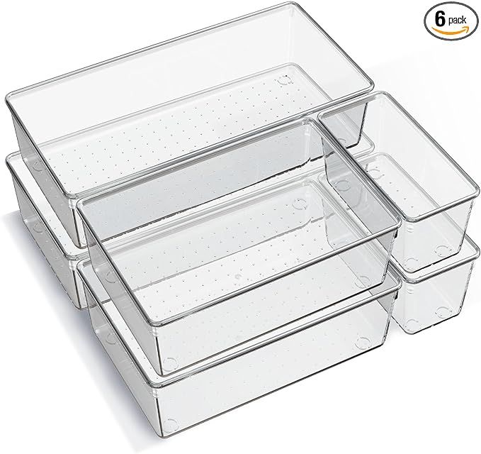 6 Pack Large Clear Plastic Drawer Organizer Trays, Acrylic Kitchen Drawer Organization and Storag... | Amazon (US)