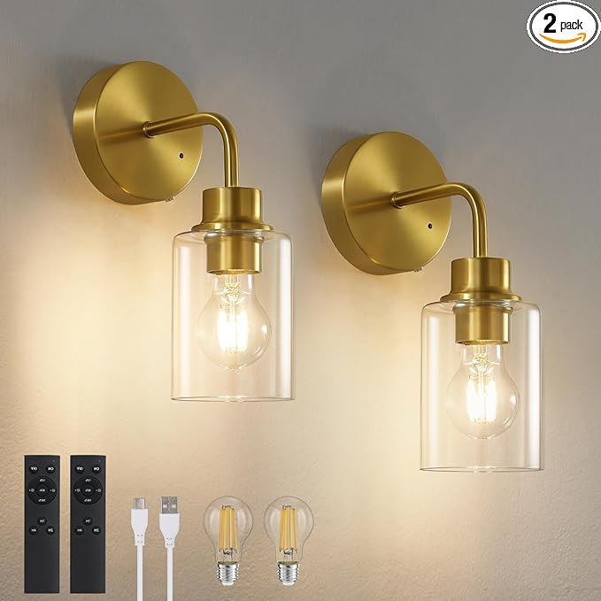 Battery Operated Wall Sconce Set of Two - Dimmable Wireless Sconces Set of 2 with Remote Control,... | Amazon (US)