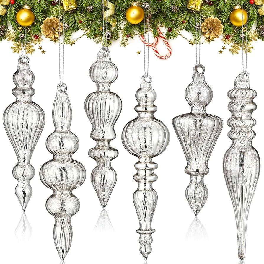 Soaoo 6 Pcs 6.3 inch Mercury Glass Finial Christmas Ornaments Hanging Christmas Finials Glass Orn... | Amazon (US)