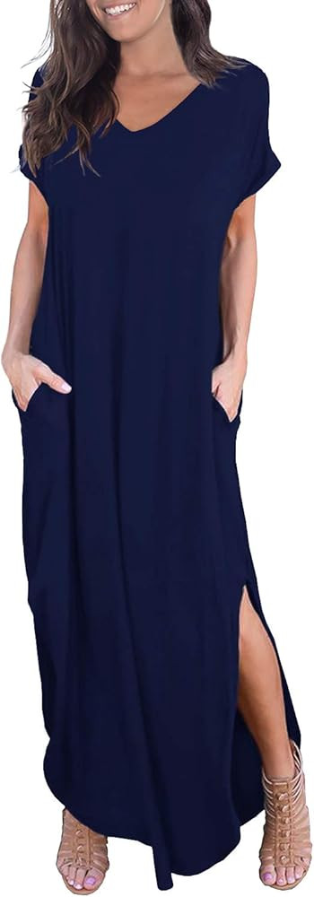 Women's Casual Loose Pocket Long Dress Short Sleeve Split Maxi Dresses | Amazon (US)