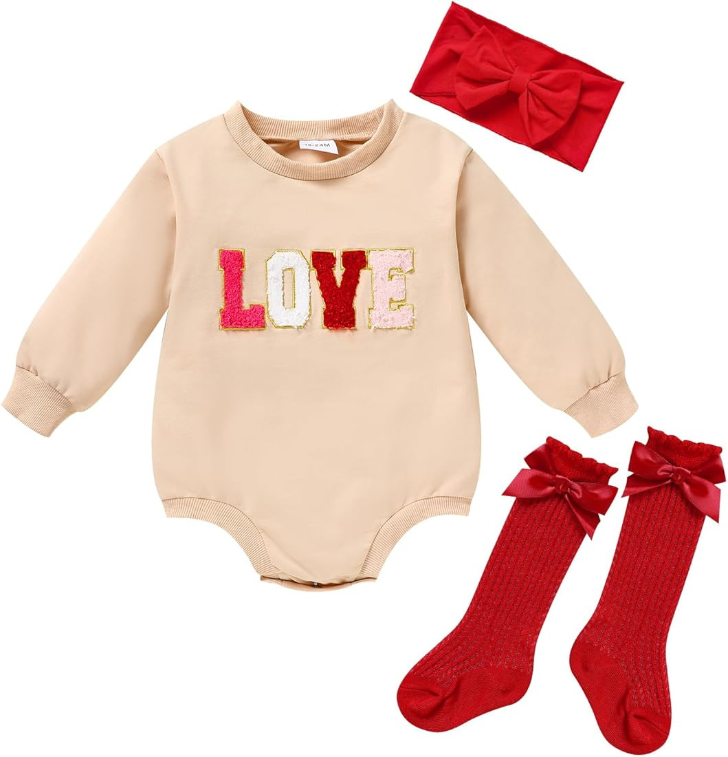 ZOELNIC Baby Girl Valentines Day Outfit Long Sleeve Letter Embroidery Bodysuit Crewneck Sweatshir... | Amazon (US)