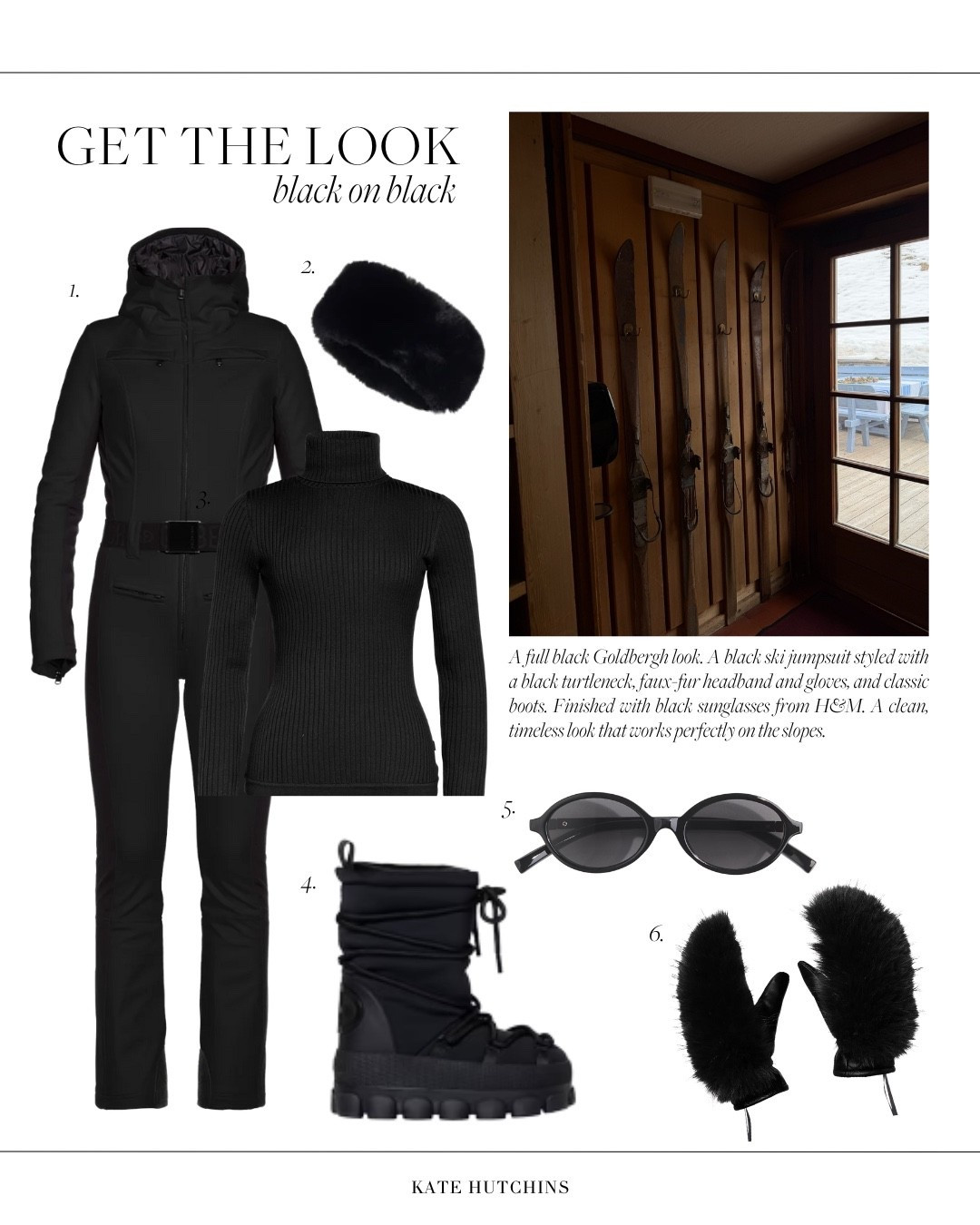 A full black Goldbergh ski jumpsuit styled with a black turtleneck, faux-fur headband and gloves, and classic boots. Finished with black sunglasses from H&M. A clean, timeless look that works perfectly on the slopes and still feels right for après-ski later on.

#LTKwinter