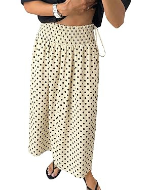 Tankaneo Womens Polka Dot Maxi Skirts Boho Smocked High Waisted Tie Skirt Casual Beach Vacation D... | Amazon (US)