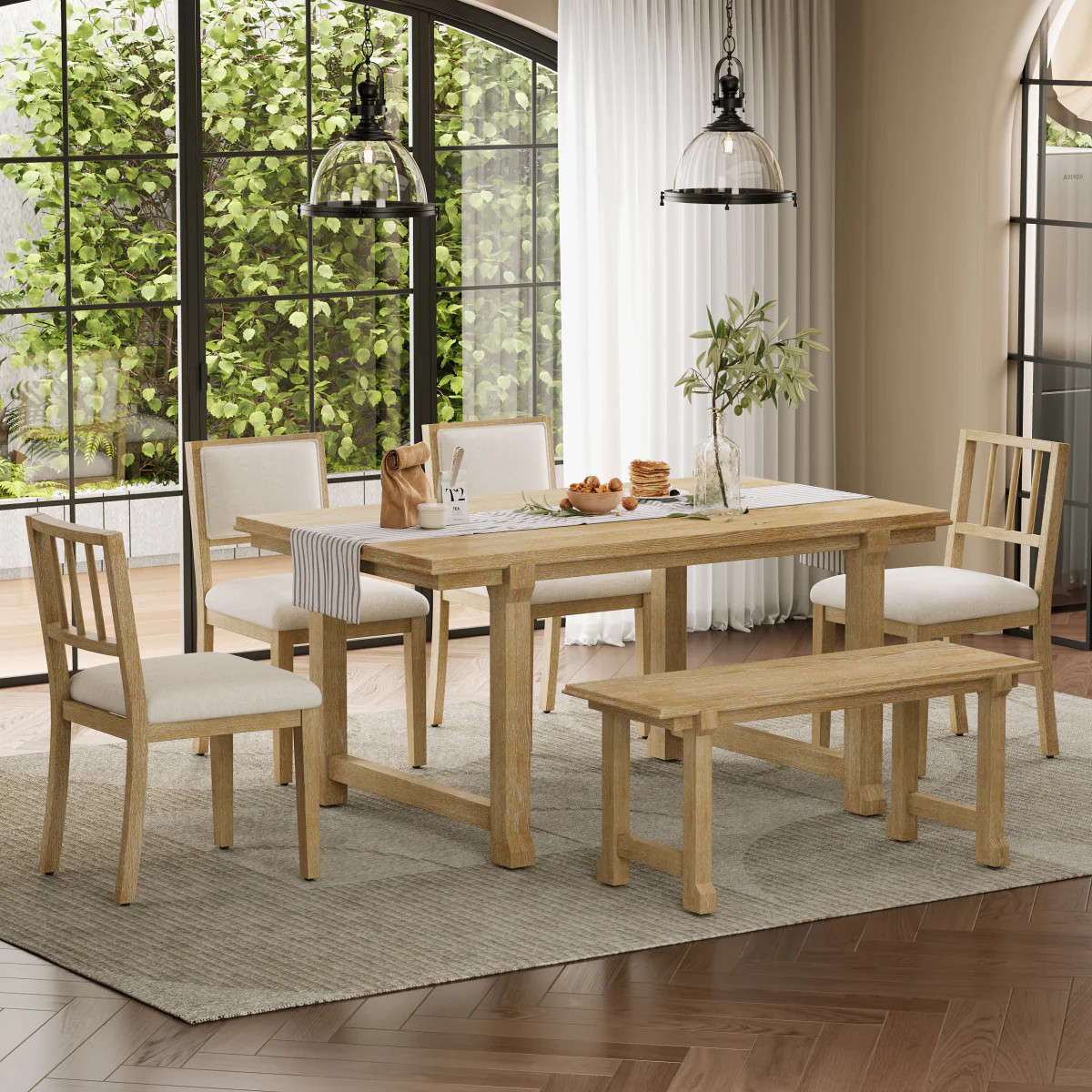 Streamdale 6-Piece Farmhouse Dining Set with Solid Wood Frame (Natural/Beige) | Shop Simon