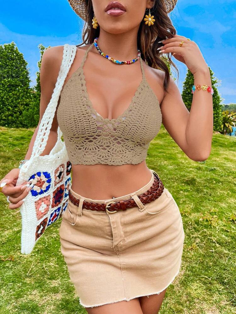 Breezaya Women's Handmade Crochet Backless Tie-Front Halter Neck Knit Top, Sexy Beach Vacation St... | SHEIN