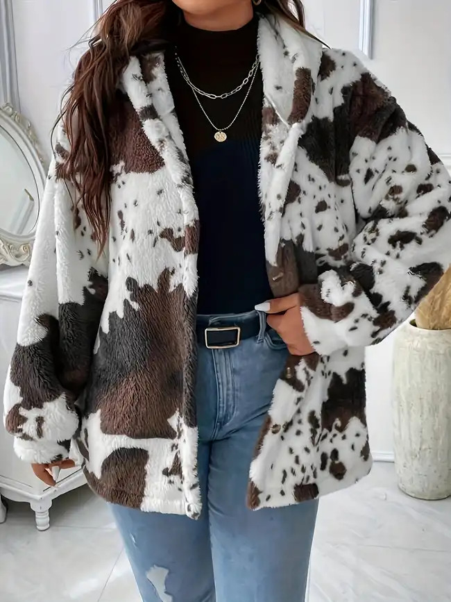Plus Size Casual Faux Fur Coat, Women's Plus Cow Print Teddy Fleece Long Sleeve Button Up Hooded ... | Temu Affiliate Program