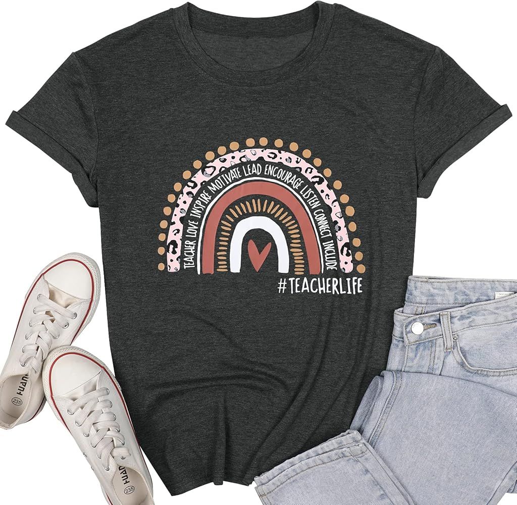 Women Teacher Life Shirt Rainbow Leopard Graphic Tee Kindergarten Teachers Gift T Shirt Inspirationa | Amazon (US)