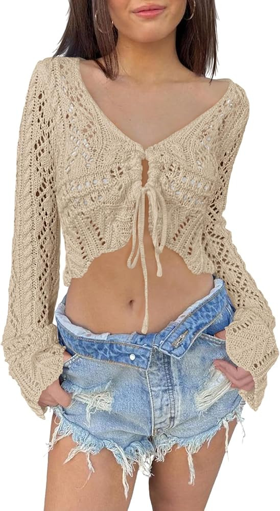 Saodimallsu Womens Crochet Crop Tops Tie Front Bell Long Sleeve Cardigan V Neck Lightweight Knit ... | Amazon (US)