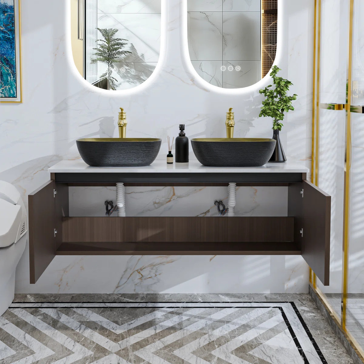 Modern And Sleek Wall Mounted Floating Bathroom Vanity Cabinet With Top, Ceramic Basin, Copper Fa... | Wayfair North America