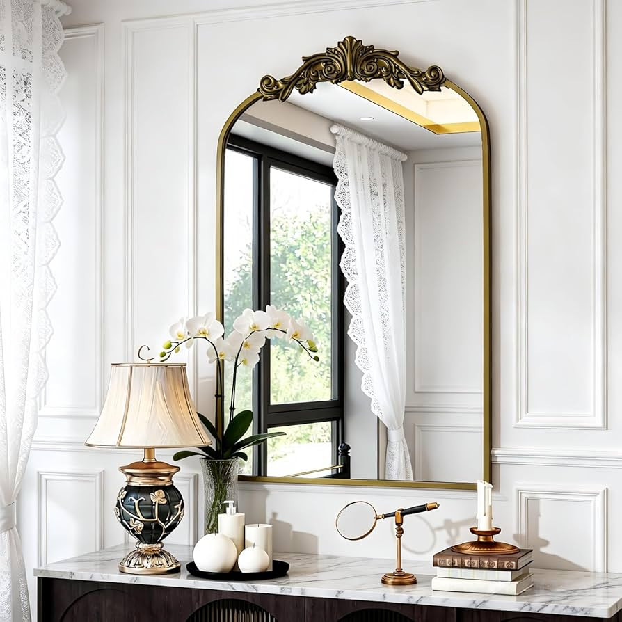Antique Arched Wall Mirror, 24"x36" Vintage Bronze Bathroom Mirror - Baroque Metal Frame Brass Mi... | Amazon (US)