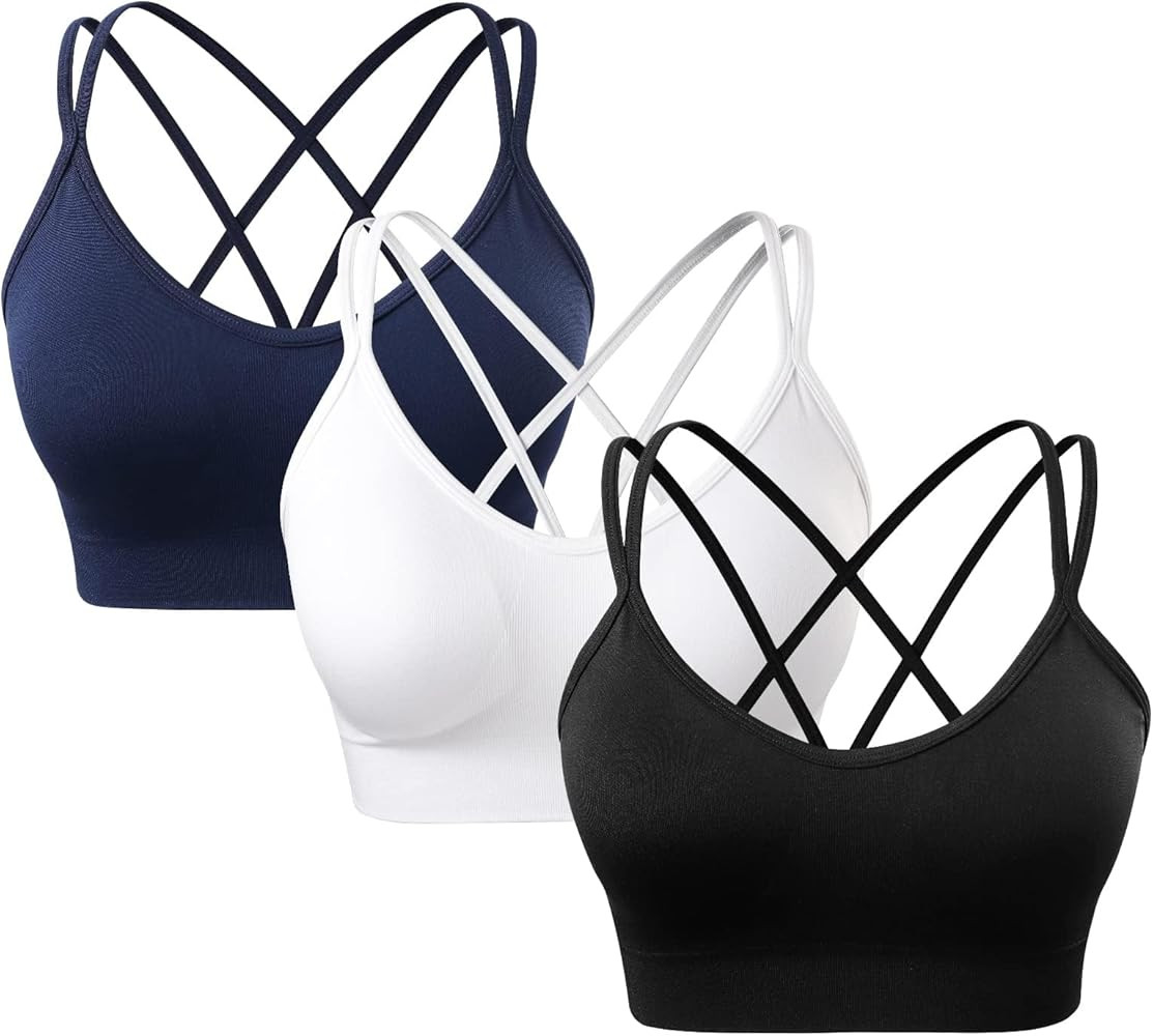 Women's Cross Back Sports Bra Padded Strappy Medium Support Yoga Bra for Workout Fitness 3 Pack | Amazon (US)
