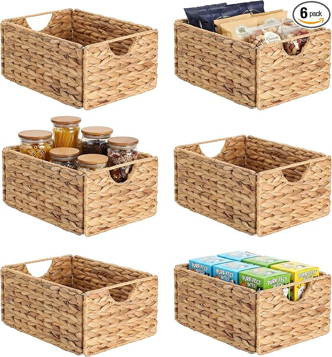 Water Hyacinth Pantry Baskets Set of 6, 12.5 x 9.5 x 6in Wicker Storage Baskets for Shelves, Pant... | Amazon (US)