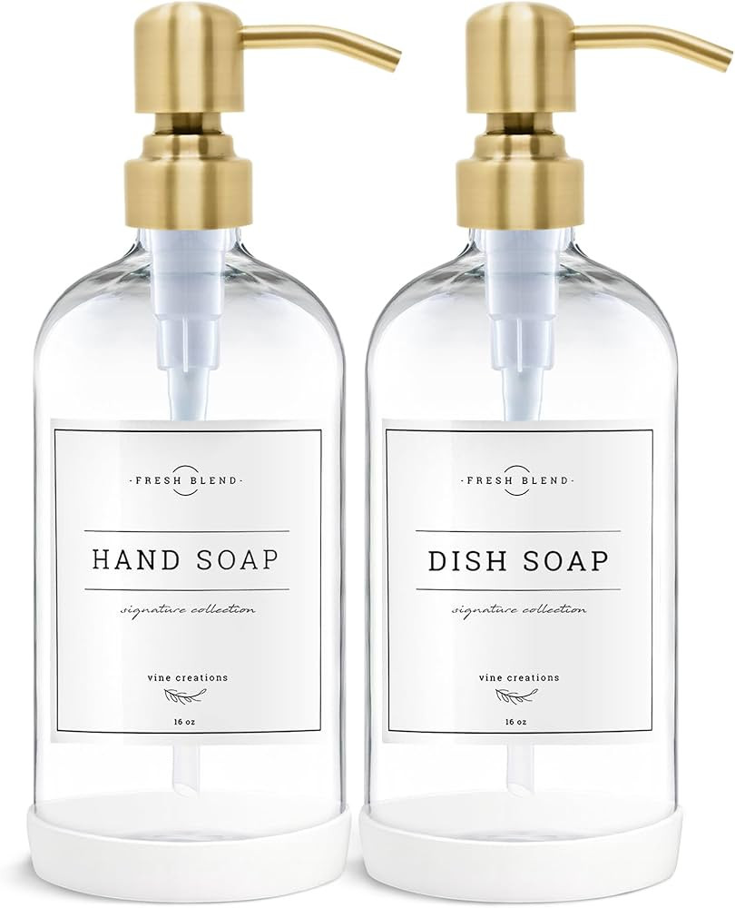 Vine Creations Clear Glass Soap Dispenser, 2 Pack Kitchen Soap Dispenser Set with Stainless Steel... | Amazon (US)