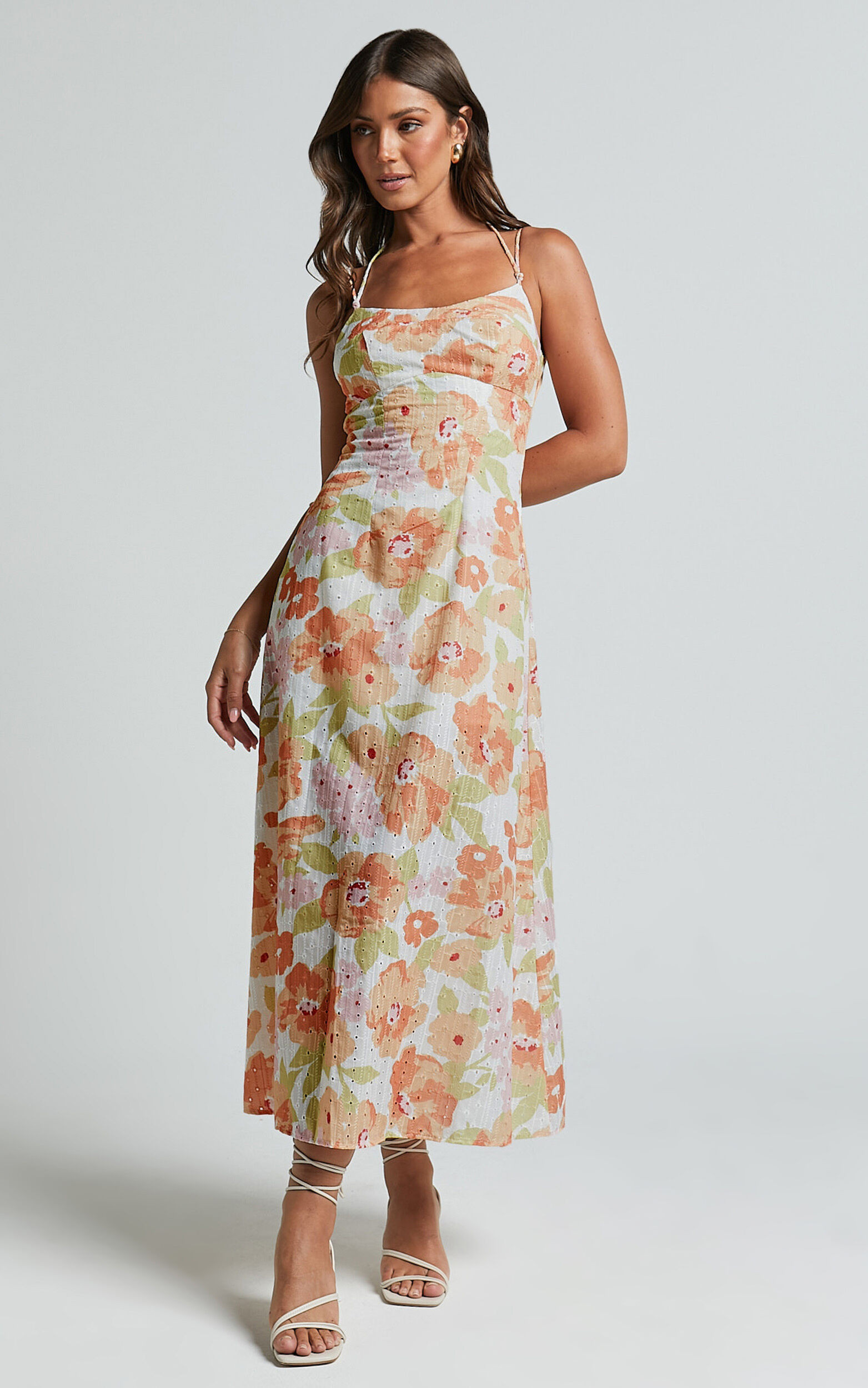 Tyla Midi Dress - Double Strap Cut Out Dress in Orange Floral | Showpo (US, UK & Europe)