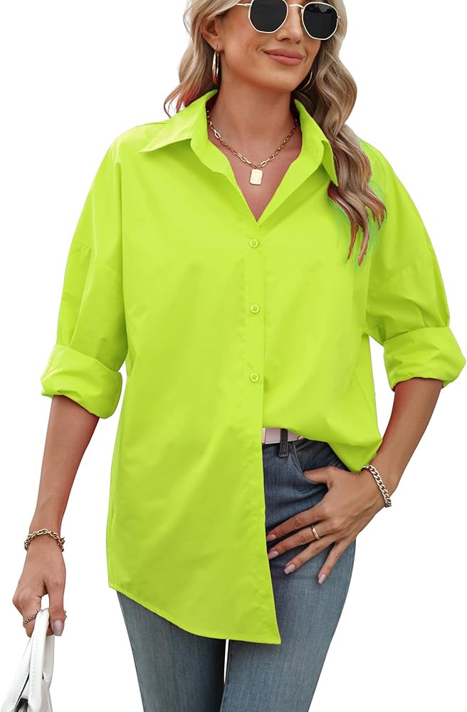 Atnlewhi Womens Oversized Button Down Shirts Casual Work Long Sleeve Boyfriend Blouse Dressy Summ... | Amazon (US)