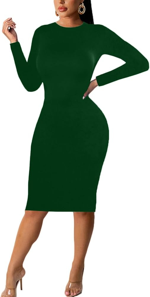 Women's Long Sleeve Bodycon Dress - Knee Length Midi Spring Fall Club Party Fitted Tight Pencil D... | Amazon (US)