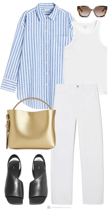 Blue striped shirt outfit with white denim, tanktop, gold bag and black sandals #summerootd #ootd #striped #shirt

#LTKworkwear #LTKfit #LTKstyletip