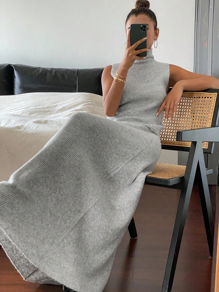 DAZY 2pcs Solid Color Fitted Turtleneck Sleeveless Top And Skirt Knit Sweater Set, Casual Elegant... | SHEIN