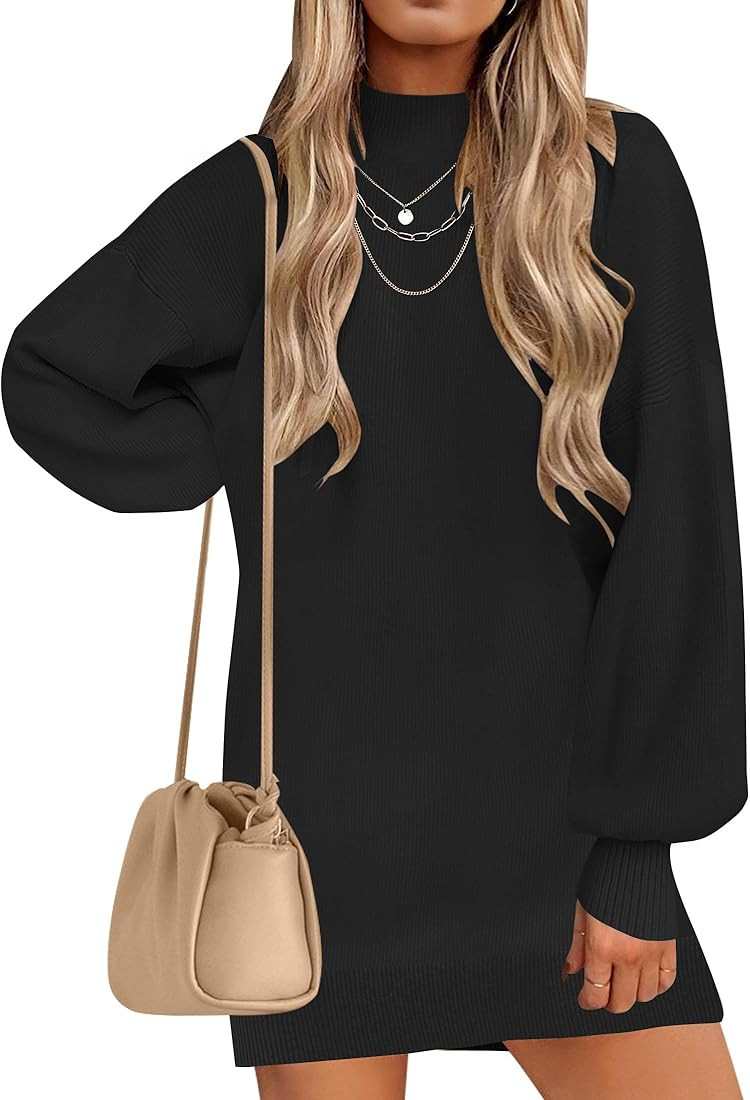 ZESICA Women's 2023 Fall Turtleneck Sweaters Dress Oversized Long Lantern Sleeve Casual Knit Pull... | Amazon (US)