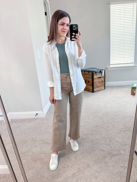 Spring Staple Capsule outfit | neutral wide leg pant, bodysuit, white  button up, sneakers

#LTKstyletip
