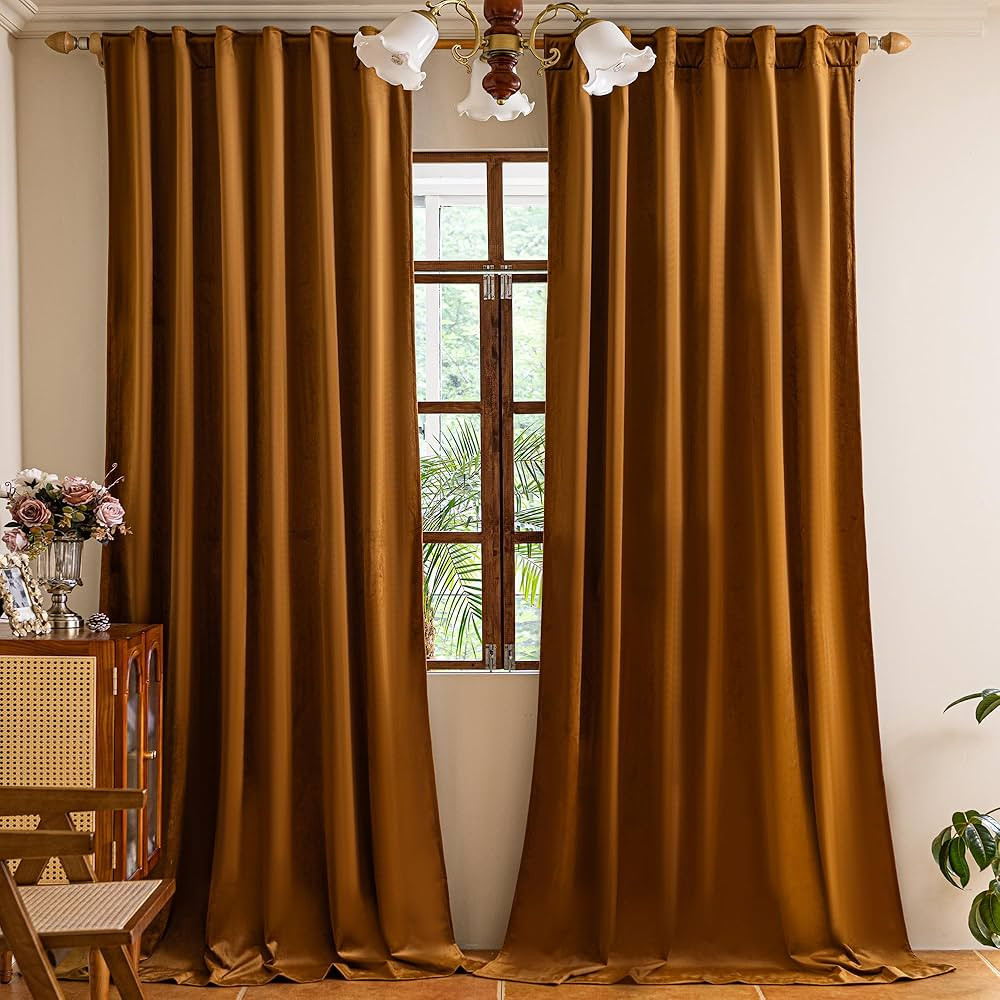 YOFUN 96 inches 2 Panels, Golden Brown Blackout Luxury Velvet Curtains Thermal Insulated Heat Blo... | Amazon (US)