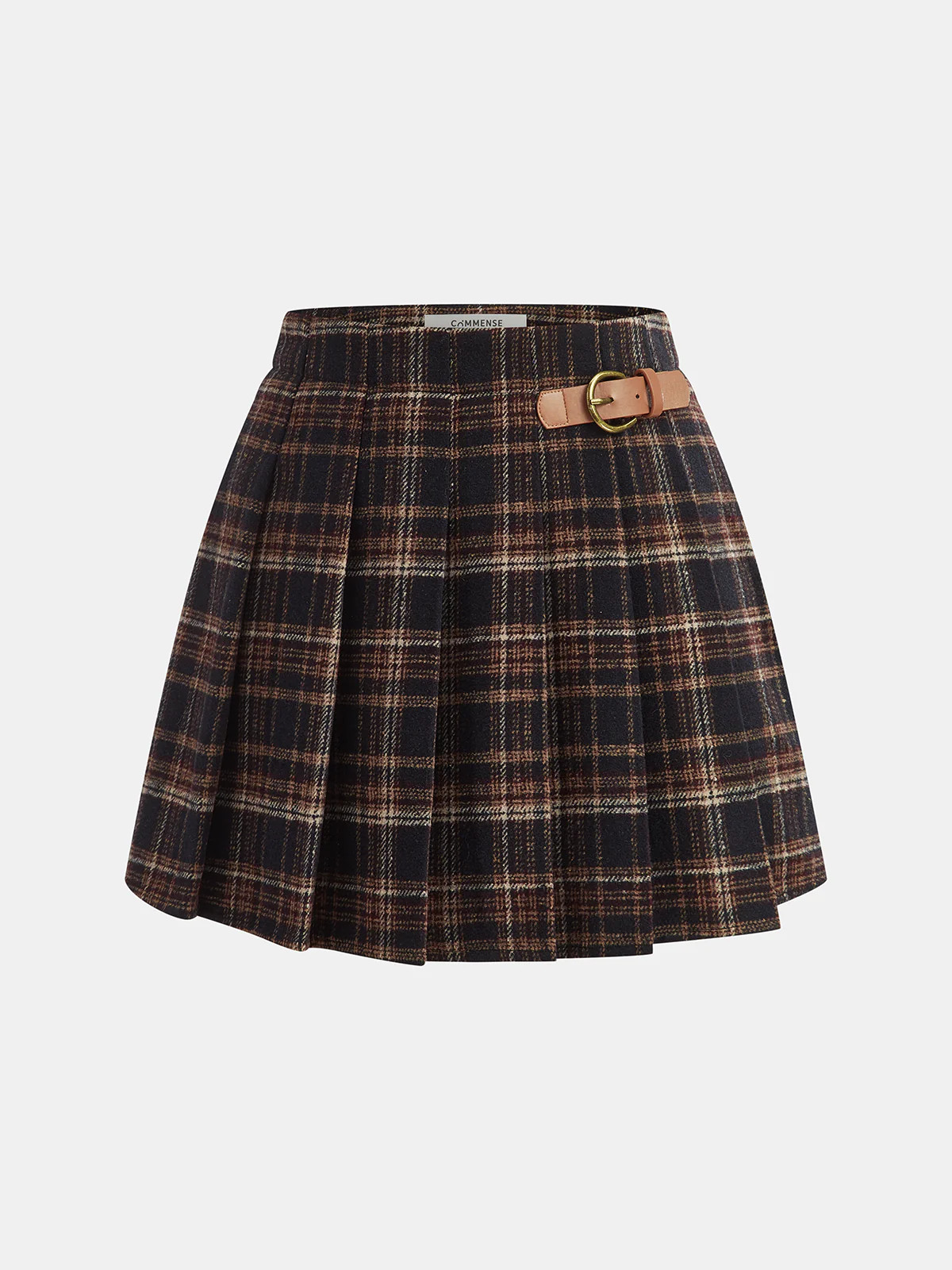 Buckle Detail Plaid Pleated Mini Skirt | Commense