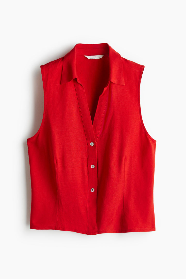 H & M - Sleeveless Linen-Blend Shirt - Red | H&M (US + CA)