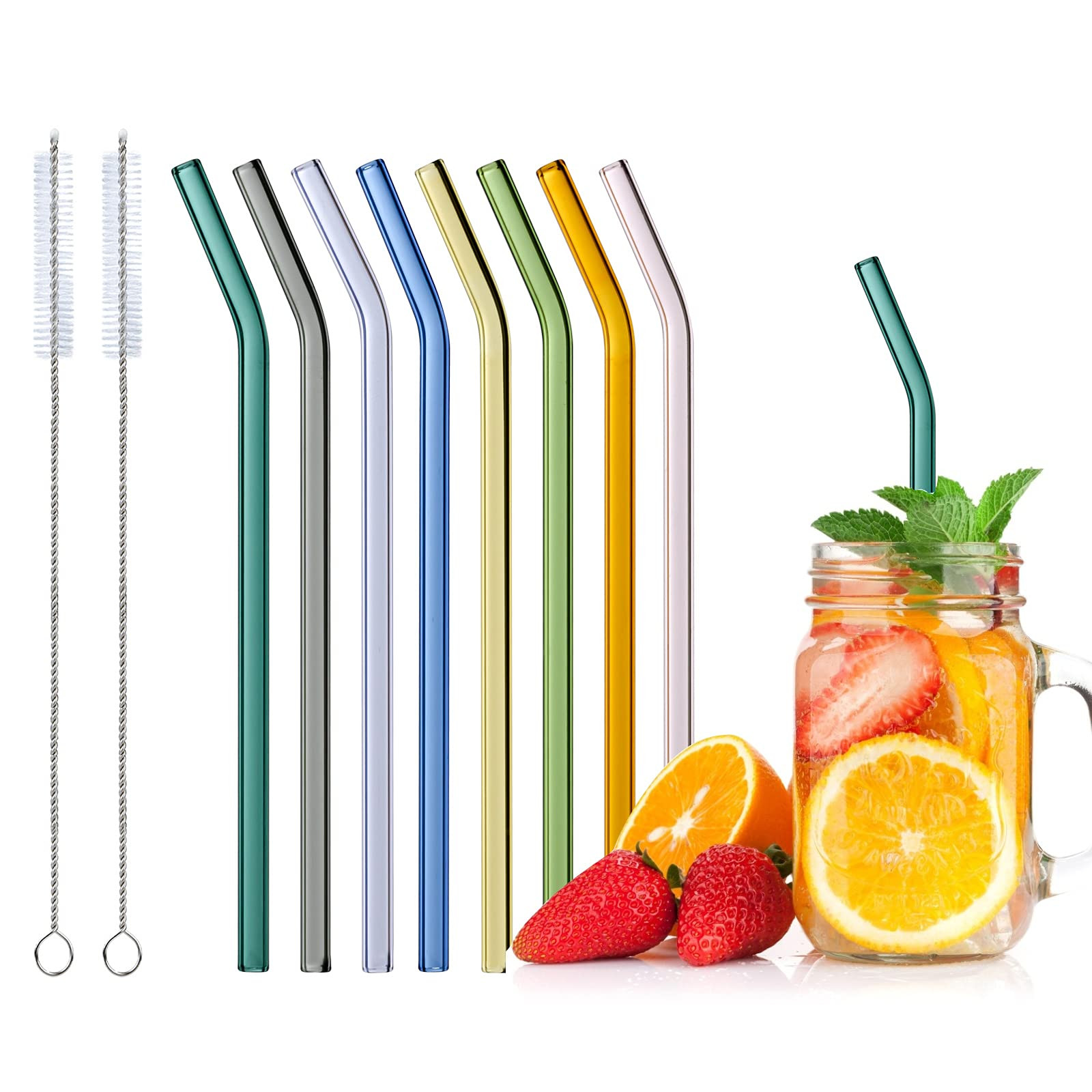 Glass Straws Reusable, 8 Pcs Multicolour Drinking Straw, Bent Glass Drinking Straws with 2 Cleani... | Amazon (UK)